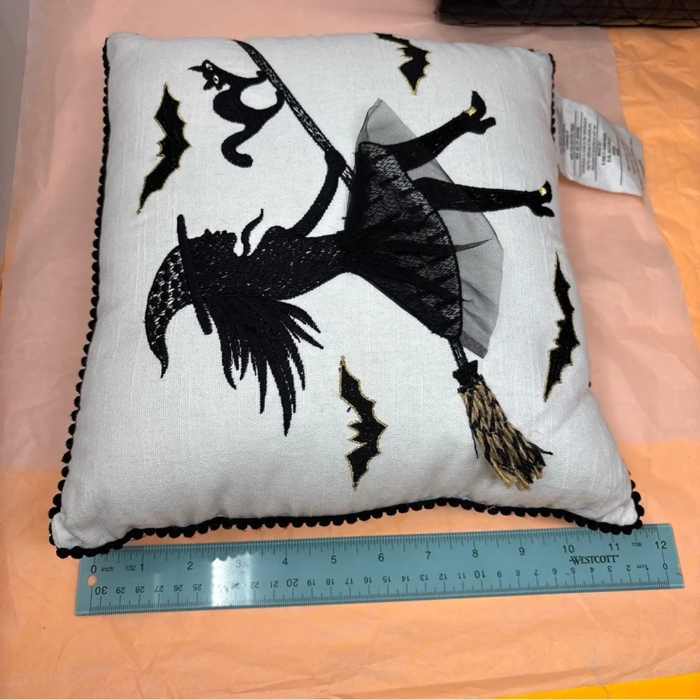 Witch on broom throw pillow & FREE black shiny purse used - Picture 2 of 13
